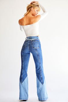 DESCRIPTIONA total flashback to a 1970's boogie nights vibe. These bells have a super wide leg trouser, high waisted rise, and a two toned denim wash. Complete with a denim sash tied at the waist these bells are far from average. MADE IN THE USA DETAILS34 1/2" inseam24" Flare OpeningHigh WaistedTwo Toned Patchwork Pock Ocean Heels, Ropa Upcycling, Trendy Trouser, Boogie Nights, Outfit Night, Denim Boots, Jeans Fabric, Jeans Outfit, Denim Design