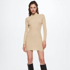 Brand New With Tags Knit Ribbed Mini Dress Size 6 Sand Color Https://Shop.Mango.Com/Us/Women/Dresses-And-Jumpsuits-Short/Ribbed-Knit-Dress_37093839.Html?C=07&Busqref=True Beige Ribbed Mini Dress Knee-length, Beige Ribbed Knee-length Mini Dress, Beige Ribbed Bodycon Mini Dress, Winter Beige Ribbed Bodycon Dress, Beige Ribbed High Neck Dress, Beige High Neck Ribbed Dress, Beige Ribbed Mini Dress For Winter, Beige Fitted High Neck Sweater Dress, Fitted High Neck Beige Sweater Dress