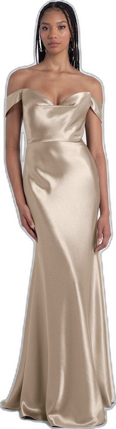 Camila pale+gold 1 Classic Evening Dress For Gala, Elegant Off-shoulder Evening Dress With Fitted Bodice, Elegant Off-shoulder Evening Dress, Chic Solid Color Dress With Satin Finish, Fitted Silk Slip Dress In Solid Color, Sleek Solid Color Bias Cut Dress, Solid Color Bias Cut Wedding Dress, Glamorous Formal Dress, Sleek Solid Color Bias-cut Dress