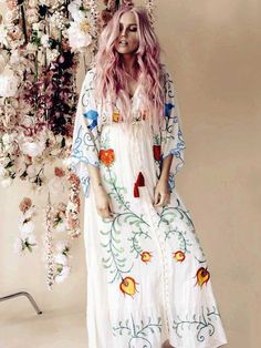 Spring Autumn Women Loose Casual Kimono Floral embroidered Maxi Dress Boho Ruffle Hem Beach Dresses - Black,M Bohemian V-neck Embroidered Dress For Brunch, V-neck Embroidered Maxi Dress For Summer, Spring Festival Embroidered V-neck Dress, White V-neck Embroidered Dress For Festival, Floral Embroidery Maxi Dress For Summer Beach, Summer Beach Maxi Dress With Floral Embroidery, Summer Vacation Embroidered Dresses, Floral Embroidered Maxi Dress For Summer Beach, Casual Embroidered Dresses For Beach Season