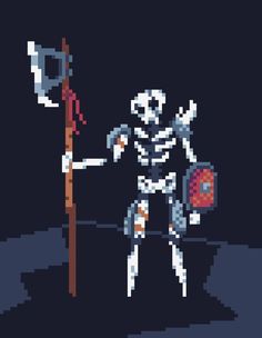 a pixel art image of a skeleton holding a spear and shield with a knight standing next to it