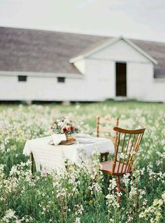 two chairs and a table are in the middle of a field with white flowers on it