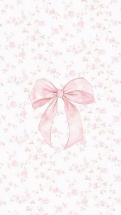 a pink bow on top of a white wallpaper with floral designs and flowers in the background