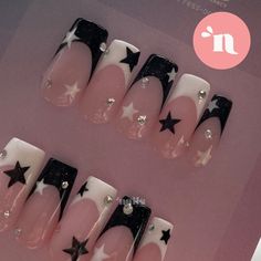 White French Tips With Glitter, French Tips With Glitter, Nails With Stars, Press On Nails Black, White French Tips, Glitter French Tips, Gel Press On Nails, Grunge Nails, Gel Press