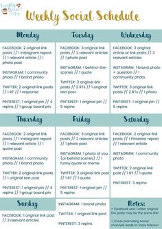 a printable weekly social schedule for the week, with blue and white font on it