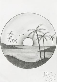 a pencil drawing of palm trees and the ocean in a circle with birds flying over it