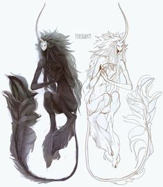 two black and white drawings of mythical creatures