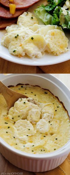 two plates with different types of food and one has a wooden spoon in the bowl