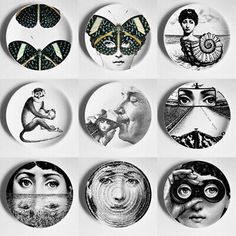 six buttons with images of people and animals on them, all in black and white