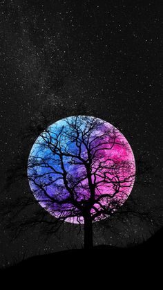 a tree with no leaves in front of a night sky filled with stars and the colors of the rainbow