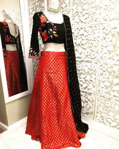 "Super stylish ball gown brocade red skirt with long sleeve floral embroidery choli, comes with black chiffon dupatta with gold stones. Size: Medium Chest 37\" Waist 35\" Choli length 15\" Lehnga length 42\" Shipping: USPS 2 day" Black Lehenga For Formal Festivals, Traditional Brocade Sharara For Party, Brocade Lehenga With Self Design For Party, Party Brocade Lehenga With Self Design, Red Long Sleeve Choli For Reception, Formal Black Lehenga For Festivals, Black Dress With Red Dupatta, Party Wear Long Sleeve Choli For Festivals, Traditional Red Sharara For Formal Occasions