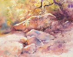 a watercolor painting of rocks and trees