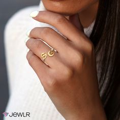 This double initial ring makes a meaningful statement as unique as you are, and the open cuff design creates a comfortable and flexible fit. Personalize with your choice of two initials and two sparkling 2.5mm round gemstones to represent you or someone special. Design in sterling silver, white, yellow, or rose gold and add a base engraving for a finishing touch. Modern Personalized Jewelry For Promise, Modern Personalized Promise Jewelry, Modern Initial Open Ring For Promise, Modern Stackable Initial Ring For Anniversary, Modern White Gold Initial Ring For Anniversary, Modern Personalized Open Ring Jewelry, Modern Adjustable Initial Ring With Open Design, Personalized Adjustable Initial Open Ring, Adjustable White Gold Initial Open Ring