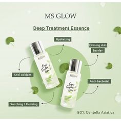 two bottles of ms glow deep treatment essenice on a green background with leaves around it