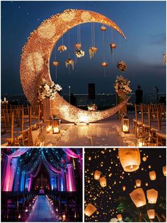 the moon and lanterns are lit up at night, along with flowers and candles for decoration