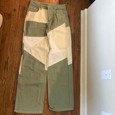 These Pants Are A Small, Or Us Size 4 And Fit Like A Glove! The Green White And Tan Patchwork Pattern Is So Unique And Great For Fall! Casual White Patchwork Pants, Khaki Patchwork Bottoms For Spring, Khaki Cotton Patchwork Bottoms, White High Waist Patchwork Pants, High Waist White Pants With Patchwork, High-waist White Patchwork Pants, White High-waist Pants With Patchwork, Trendy White Patchwork Bottoms, Trendy White Bottoms With Patchwork