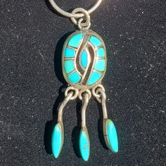 Sterling Silver Genuine Turquoise Vintage Pendant And Chain Pendant 1.5" This Is A Beautiful Piece The Zuni's Call The Hummingbird Please Scroll Through My Closet As I Have Many Native American Navajo Turquoise Pieces Too Blue Sterling Silver Necklace With Inlay, Southwestern Blue Necklace With Inlay, Southwestern Blue Inlay Necklace, Southwestern Style Blue Inlay Necklace, Turquoise Spiritual Necklace With Inlay, Spiritual Turquoise Inlay Necklace, Spiritual Turquoise Necklace With Inlay, Unique Blue Turquoise Inlay Necklace, Southwestern Style Blue Jewelry With Large Pendant