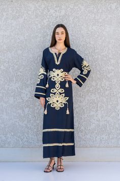 Feel like a Royalty! This Kaftan maxi dress is ideal to wear for any casual occasion. Whether a wedding, gathering, taking a trip down the shopping lane, or home-based kitty parties, or about anything else, wearing this dress will make you feel classy and comfortable.  The perfect house dress for lounging or having a coffee in your backyard on a beautiful morning, all while looking beautiful and feeling comfortable at the same time. Made of breezy and light fabric, it will make you feel relaxed. Bohemian Blue Floor-length Kurta, Bohemian Blue Maxi Abaya, Bohemian Blue Tunic For Eid, Blue Bohemian Tunic For Eid, Blue Tunic Maxi Dress For Eid, Blue Traditional Maxi Length Kaftan, Traditional Blue Maxi Length Thobe, Traditional Blue Maxi Length Kaftan, Blue Maxi Dress For Beach Eid Festival