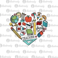 the teacher's heart surrounded by school supplies