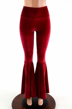 This item is made to order, please read all the way through the listing before purchasing!  These leggings are made of top quality stretchy velvet, in a gorgeous deep red. Not the cheap velvet panne, this buttery soft velvet is spandex for the best stretch and shape retention! They have a smooth stretch waistband that sets high at the natural waist for a sleek anti muffin top fit. They flare out super wide below the knee! Inseam = 32, if you need it shorter or longer please note your ins... Flares Leggings, Velvet Bell Bottoms, Flare Legging, Green Mermaid, Velvet Clothes, Best Stretches, Muffin Top, Flare Leggings, Stretch Velvet