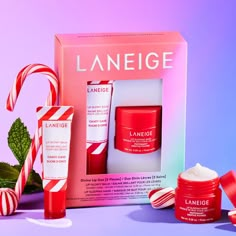 A limited edition duo set featuring the NEW full size Lip Glowy Balm in Candy Cane and a mini Lip Sleeping Mask in Peppermint. Mini Lip Mask, Xmas Gifts Skincare, Lineage Lip Sleeping Mask, Sephora Holiday Set 2024, Sephora Sets 2024, Good Gifts For Christmas, Laneige Lip Set, Sephora Christmas Gift Sets, Makeup Trendy Products