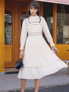 Color: WhiteStyle: ElegantPattern Type: Polka DotDetails: Frill, ShirredNeckline: Stand CollarType: A LineSleeve Length: Long SleeveSleeve Type: Bishop SleeveWaist Line: High WaistHem Shaped: FlounceLength: MidiFit Type: Regular FitFabric: Non-StretchMaterial: FabricComposition: 100% PolyesterCare Instructions: Machine wash or professional dry cleanBody: YesSheer: NoLining: 100% Polyester Lace Panel Dress, Simple Retro, Panel Dress, Lace Panelled, No Frills, Final Sale, Polka Dot, Polka Dots, Turtle Neck