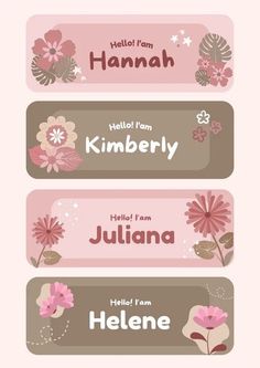 three name tags with flowers and leaves in pink, brown and white colors on them