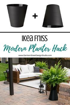 an outdoor living area with black pots and white couches, text overlay reads ikea finiss modern planter hack