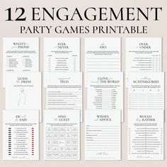 12 engagement party games printables for the bride and groom to play on their wedding day