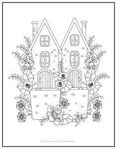 a house with flowers and plants in front of it on a white background coloring page