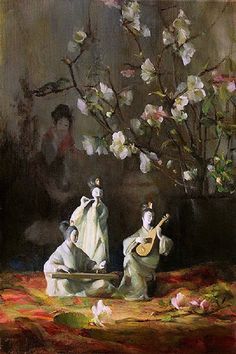 a painting of two women playing instruments in front of a tree with white flowers on it