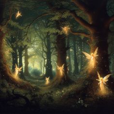 a painting of fairy lights in the woods with trees and stars shining from their wings