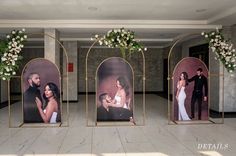 three frames with pictures of people and flowers on them in the middle of a room