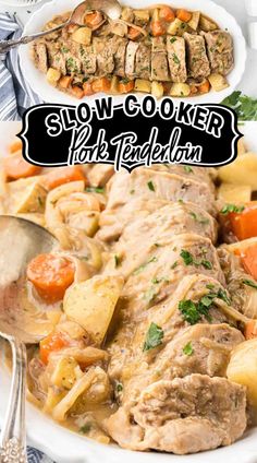 slow cooker pork stew in a white bowl with potatoes and carrots