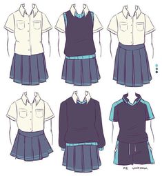 Outfit Drawings, Lakaran Fesyen, Art Outfits, Clothing Sketches, Clothing Design Sketches, Drawing Anime Clothes, Makeup Eyes, Anime Dress, School Uniforms