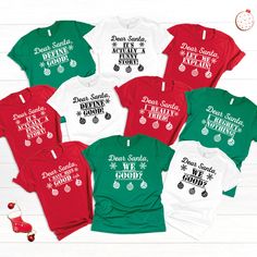 Christmas Family Shirts, Dear Santa Shirt, Custom Matching Family Christmas, Funny Christmas Group Shirt, Cute Christmas Holiday Party Shirt Black design for Athletic Heather, White, Baby Blue, Pink, Orange, Heather Peach, Yellow, Banana Cream, and Desert Pink. White design for all other colors Premium quality printed in the USA. Free Shipping on orders over $35 (US only) Printed in the USA High quality, durable shirts, sweatshirts, hoodies etc. Made with top-of-the-line vinyl and pressed with a professional grade heat press A B O U T U S We offers custom t-shirts for any occasion! Whether it is a birthday, engagement, bachelor party, or a gender reveal celebration, we have you concerned. Check out our funny t-shirts that can make great gifts! For custom work or special requests, please co Christmas Holiday Crew Neck Shirt, Christmas Festive Shirt With Graphic Print, Festive Christmas Graphic Print Shirt, Desert Pink, Yellow Banana, Christmas Holiday Party, Santa Shirt, Santa Shirts, Group Shirts