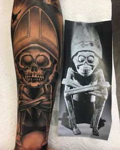 a person with a tattoo on their arm next to an image of a skeleton wearing a helmet