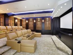 a home theater with leather seats and recliners