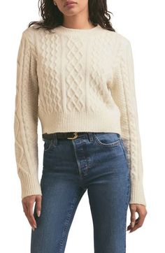 A variety of cable styles add homespun charm to this cozy sweater that's made from a luxe yarn blend featuring warming wool and soft cashmere. 21" length (size Medium) Crewneck Long sleeves 57% wool, 25% cashmere, 18% nylon Dry clean Imported Women's Clothing Cable Knit Sweater Outfit, Knit Sweater Outfit, Cable Knit Sweater Womens, Well Dressed Women, Sweater Season, Sweater Trends, Classic Sweater, Sweater Collection, Favorite Daughter