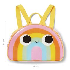 Details Our signature rainbow PVC backpack brings smiles wherever he travels! With adjustable straps to ensure a comfy fit, this bright, fun and practical rainbow bag is the most magical place to keep all those odd bits and pieces. Just write your name in the label inside, add your things and zip him up ready to go! Dimensions size: 304 x 200mm Rainbow Backpack, School Supply Store, Kawaii Faces, Rainbow Bag, Write Your Name, Kids Backpack, Bits And Pieces, Everyday Activities, Rainbow Print