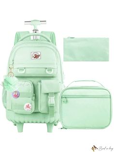 Bird in Bag - Womens 21-Inch Wheeled Backpack with Lunch Bag - Water Resistant, Ideal for Travel, Teens, Girls, Elementary School - Green Unicorn Backpack, Backpack With Wheels, Primary Students, Unicorn Design, Backpack Straps, Green Pattern, Girl Backpacks, Bird In Bag, Laptop Backpack