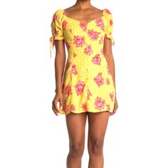 A Brand-New Vibrant Mini Dress Features Ruffled Tie Sleeves And A Button Front For Trendy Style. Size Medium. - 100% Polyester - Yellow/Floral Polka Dot Print - Short Sleeves With Ruffle Tie Cuffs - Woven Construction - Side Zipper - Mini Length - Lined - V-Neck Measurements Laying Flat: - 33.5" Length - 15.5" Waist - 18" Armpit To Armpit - 10" Sleeve Offers Welcome! Thanks For Looking! Yellow Mini Dress With Buttons For Spring, Yellow Buttoned Mini Dress For Spring, Yellow Summer Dresses With Buttons, Yellow Buttoned Summer Dresses, Yellow Spring Dress With Button Closure, Yellow Buttoned Dress For Vacation, Yellow Dress With Button Closure For Day Out, Spring Party Dresses, Tangerine Dress