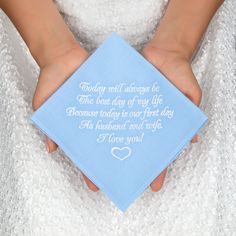 "Wedding gift for Bride from Groom - Embroidered light blue cotton handkerchief with wedding poem A great gift from Groom to his Bride on wedding and even something blue. This soft cotton handkerchief is perfect for drying her tears on your wedding day ♥ SIZE: 12\" x 12\" - 32 cm x 32 cm ♥ MATERIALS: each handkerchief we make is sewn and embroidered by Llemio of 100% high quality cotton ♥ Care instructions: hand wash cold ♥ COLOR: Handkerchiefs color - light blue or navy blue, Embroidery color - Wedding Hankerchief For Guests, Cheap Blue Handkerchiefs For Gifts, Gift For Bride From Groom, Bride On Wedding Day, Navy Blue Embroidery, Wedding Hankerchief, Bridal Handkerchief, Handmade Wedding Gifts, Wedding Poems