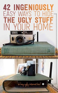 an old camera sitting on top of a book with the title 42 ingeniously easy ways to hide in your home