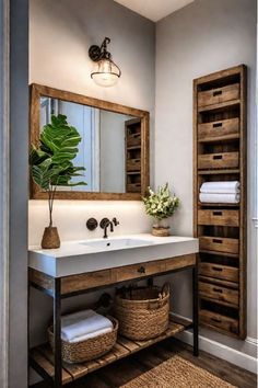 a bathroom with a sink, mirror and wooden shelves