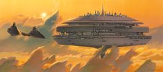 an artist's rendering of a futuristic city floating in the sky with two spaceships