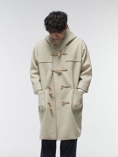 Editor's NotesMalen's classic and trendy duffle coat is made of warm wool blended material. It is designed with a hoodie and buttons on the neckline.- Classic duffle coat- Pocket details- Hooded coat- Wool blended material- Buttons on the neckline Measurements(in.)1/2- Shoulder: 22.04 / 24.40 in.- Chest: 25.98 / 28.34 in.- Sleeve: 20.47 / 22.83 in.- Total length: 39.37 / 41.73 in.Model infoMan - Height: 5'97 Fitting size 2Woman - Height: 5'47 Fitting size 2Composition & Care- 90% Wool, 10% Nylon- Please check the labelDesigner- by malen Winter Pea Coat With Stand Collar And Button Closure, Wool Coat With Pockets For Cold Weather, Wool Hooded Jacket For Cold Weather In Fall, Wool Pea Coat With Stand Collar And Pockets, Cold Weather Wool Coat With Pockets, Casual Winter Wool Coat With Pockets, Winter Beige Wool Coat With Button Closure, Hooded Khaki Outerwear With Buttons, Khaki Hooded Outerwear With Button Closure