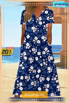 Women's Casual Dress Shift Dress Sundress Floral Pocket Print V Neck Midi Dress Active Fashion Outdoor Date Short Sleeve Regular Fit Navy Blue Blue Spring Summer S M L Xl Xxl Blue Knee-length Sundress Affordable, Blue V-neck Sundress For Daytime, Blue Floral Print Midi-length V-neck Dress, Blue Printed V-neck Sundress, Blue Printed V-neck Beach Dress, Floral Pocket, Printed Summer Dresses, Floral Sundress, V Neck Midi Dress