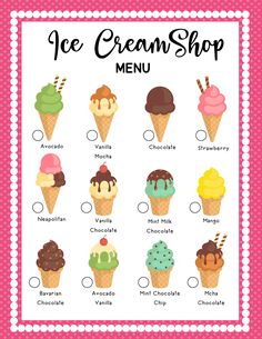 an ice cream shop menu with different types of ice creams on it and the words,