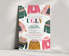 a christmas party flyer with ugly sweaters on it